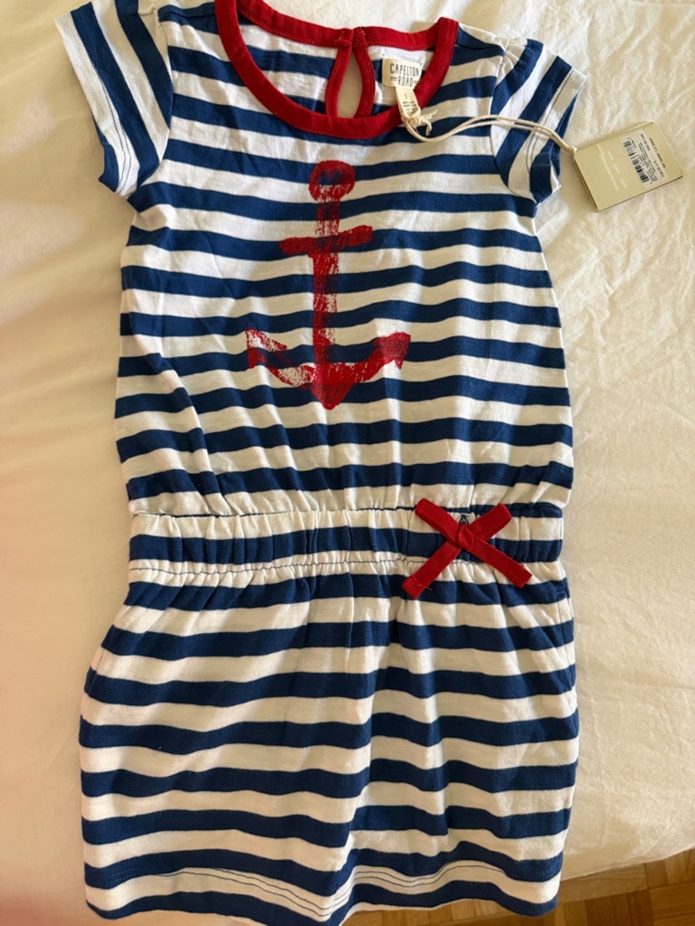 bloom Navy & White Striped Dress with Red Anchor Trim